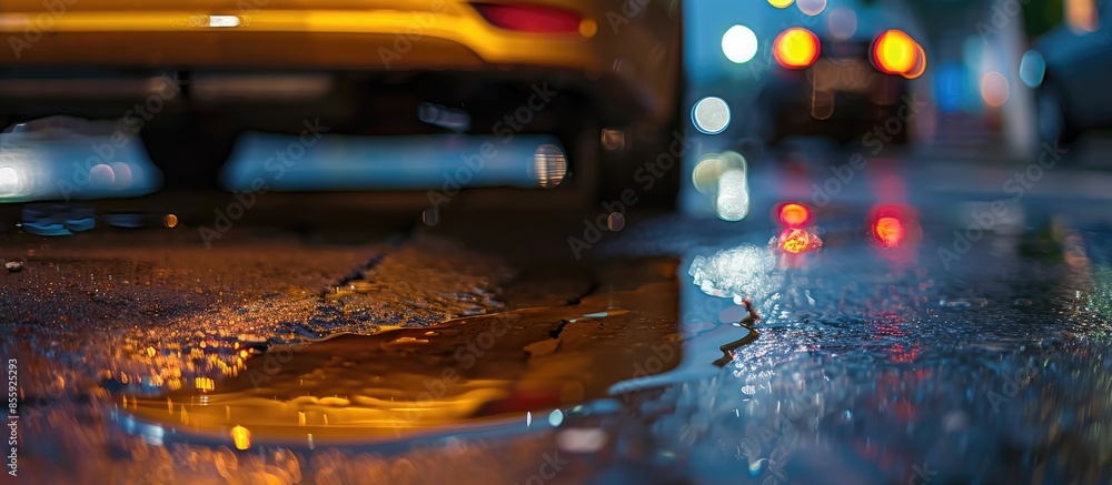 Aufkleber selective focus of engine oil stains of car leaking under the car on blurred car parked background. 