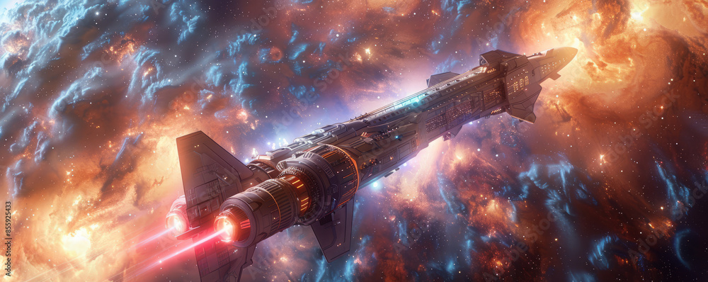 Poster a photorealistic depiction of a sleek spaceship soaring through a nebula, its engines glowing and it
