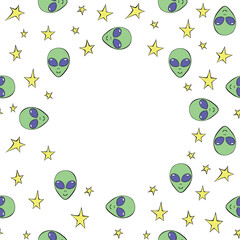 Vector frame, border from Aliens green heads, stars in doodle flat style. Bright background, decoration on theme of space, UFO, fantastic, kids design