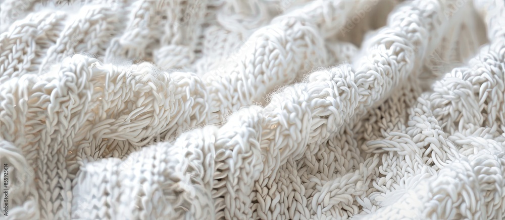 Poster white natural texture of knitted wool textile material background. white crochet cotton fabric woven