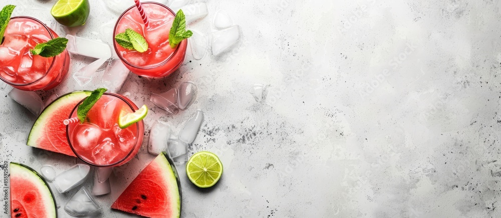 Poster refreshing cold summer watermelon drink in glasses with slices of watermelon and lime. copy space im