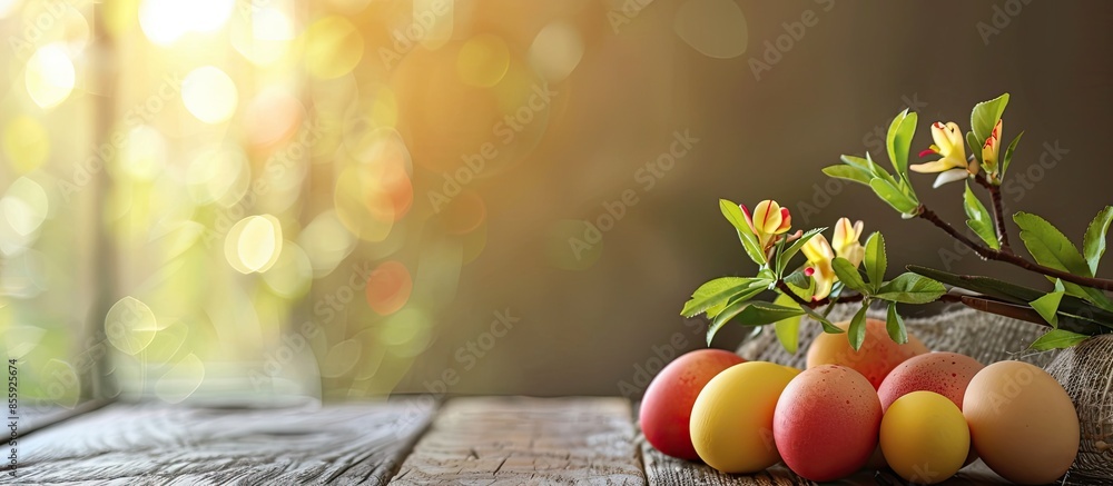 Poster easter still life. festive table place setting decoration with colored eggs. copy space image. place