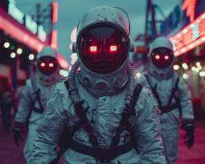 Three futuristic astronauts in illuminated suits walking through neon-lit streets, blending sci-fi and urban themes.