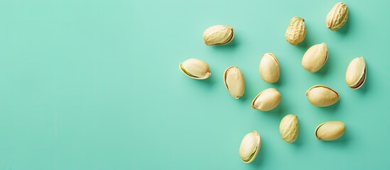 Group of eight whole wasabi green peanut Isolated on pastel background. Copy space image. Place for adding text and design