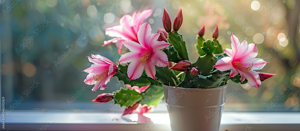 Poster pink christmas cactus blooms on the windowsill. copy space image. place for adding text and design
