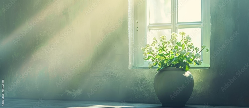 Poster flowerpot by the window. copy space image. place for adding text and design