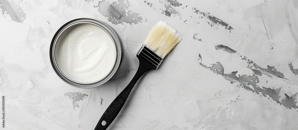 Poster brush with black handle on open can of white paint on grey background. renovation concept. top view.