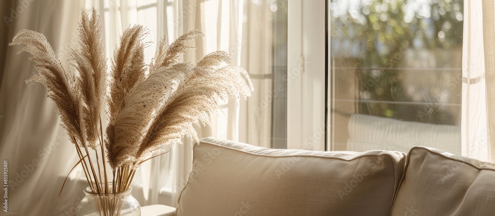 Poster decorative pampas grass, reeds in a vase in front of big window and close to the sofa. photo. copy s
