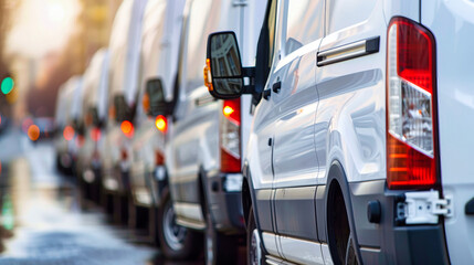 Naklejka premium A row of white delivery vans are parked on a city street, waiting to make their deliveries. The sun shines brightly, illuminating the vehicles