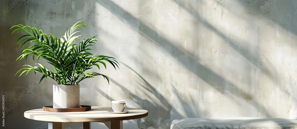 Poster coffee table with houseplant near light wall. copy space image. place for adding text and design