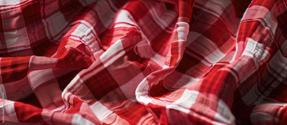 Poster red checkered fabric closeup , tablecloth texture. copy space image. place for adding text and desig