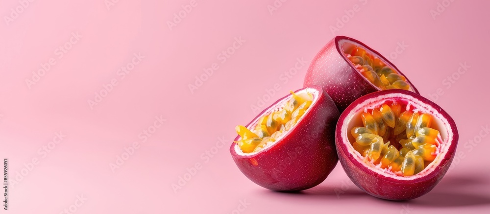 Aufkleber Slice of Passion fruit Isolated on pastel background. Copy space image. Place for adding text and design