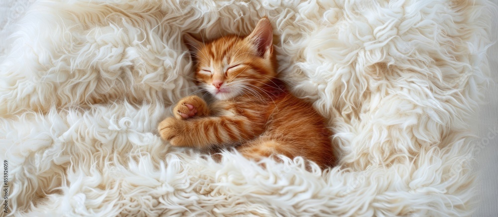 Poster cute little red kitten sleeps on fur white blanket. copy space image. place for adding text or desig