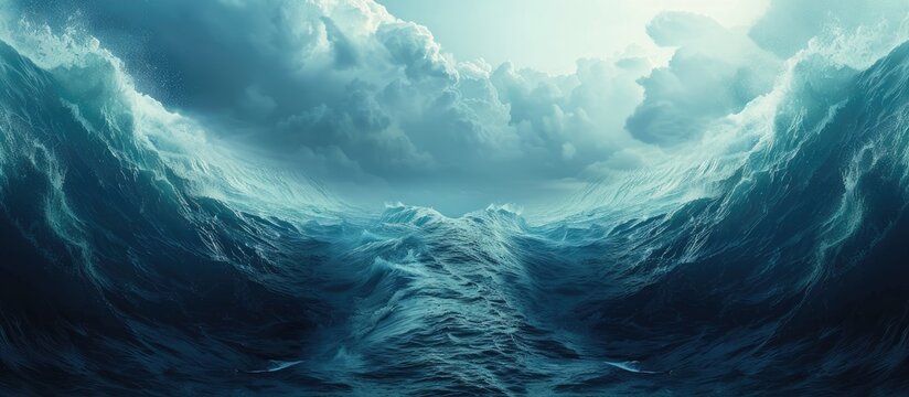 Sea opening up creating a land passage. Parting of the red sea conceptual theme. Copy space image. Place for adding text and design