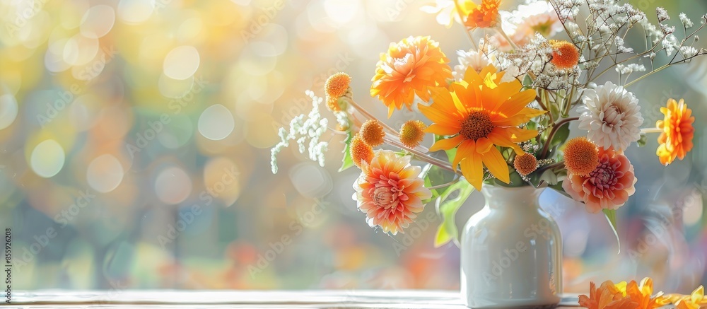 Poster decorative flowers on the table. copy space image. place for adding text and design