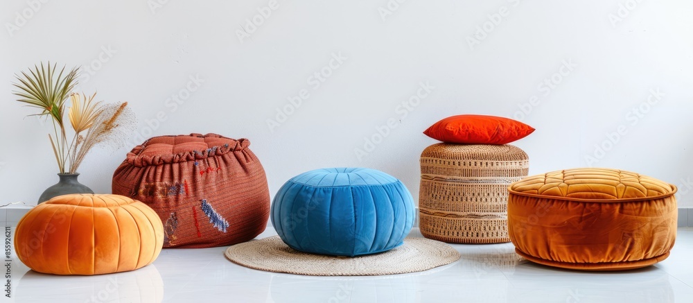 Poster different poufs on white background. home design. copy space image. place for adding text and design