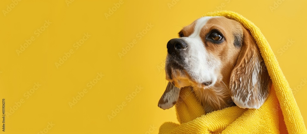 Poster a beagle dog in a yellow towel after bathing. pet grooming concept. copy space image. place for addi