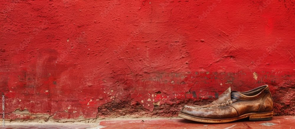 Aufkleber an old leather shoe place on the red wall. copy space image. place for adding text and design
