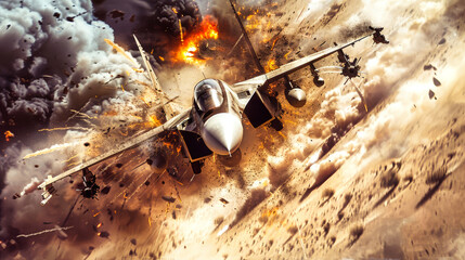 A fighter jet soars through a sky engulfed in explosions and smoke, its powerful engines roaring against the chaos