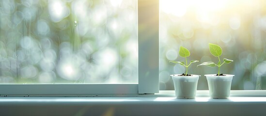 Seedlings in cups on windowsill. Copy space image. Place for adding text and design