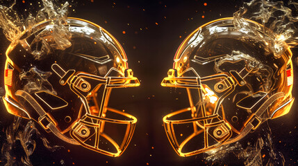 Two golden football helmets are rendered digitally against a dark background with sparks