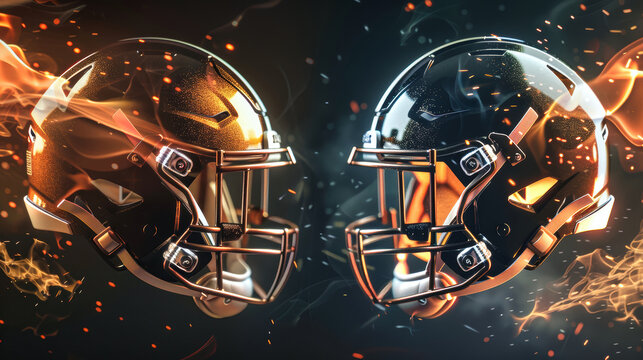 Two football helmets face off in a dramatic, fiery showdown, representing the intensity of the game