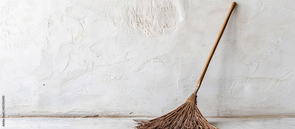 Poster vintage hand broom lying in front of a white wall. copy space image. place for adding text and desig