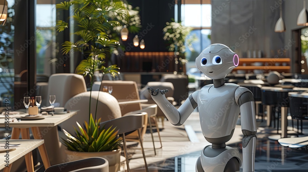 Poster an ai-powered robot greets customers at a sleek and modern restaurant, showcasing the innovative use