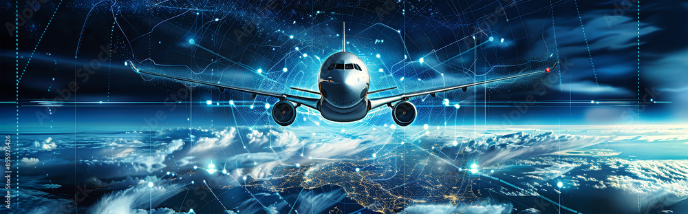 Poster a futuristic airplane flies high above a nighttime city, with digital lines and data points creating