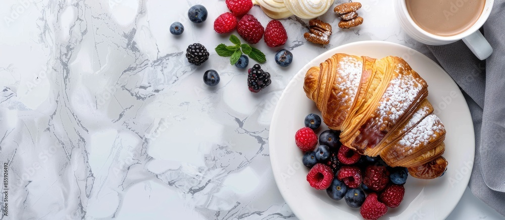 Poster croissant with fresh berries, chocolate spread and butter with cup of coffee on a marble texture bac