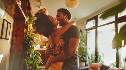 A happy couple embraces in their new home, symbolizing the joy and excitement of owning a place they can truly call their own