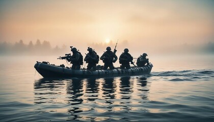 silhouette of underwater commando team advancing on boat in foggy sunrise.