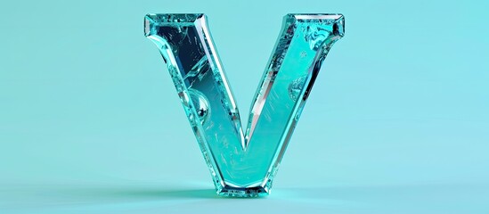 Bright teal blue green color shiny glass letter V in a  with a shining metallic glossy metal effect & rustic edge font isolated on a pastel background. Copy space image