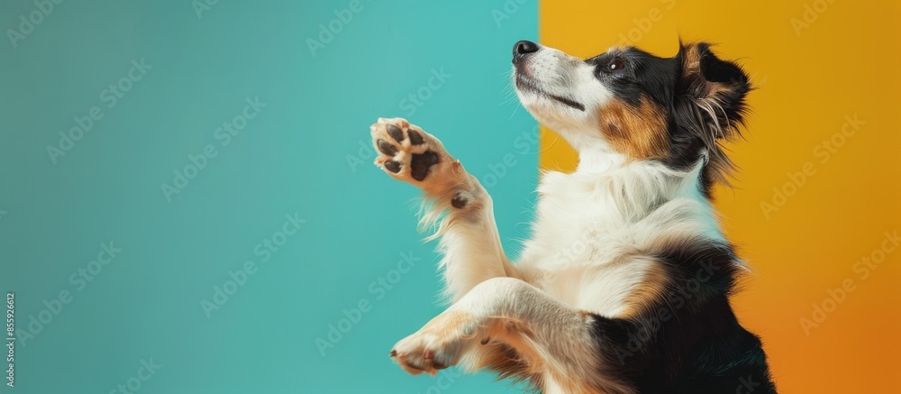 Poster dog shaking paws on colored background. copy space image. place for adding text and design