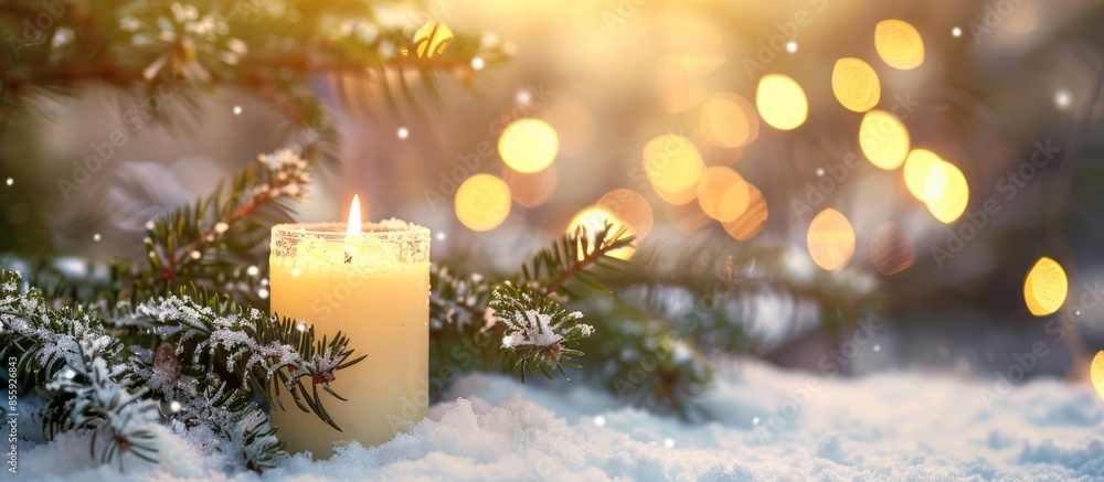 Poster a candle and a branch of a fir tree on a light background. cozy house . copy space image. place for 