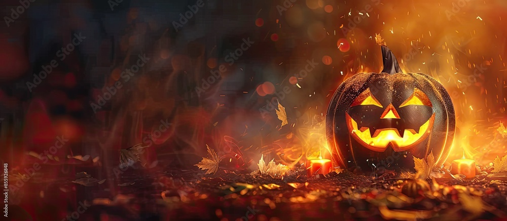 Poster spooky halloween background with jack o lantern - happy halloween. copy space image. place for addin