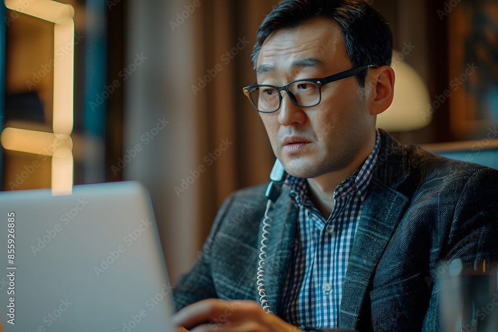 Poster man using laptop at table