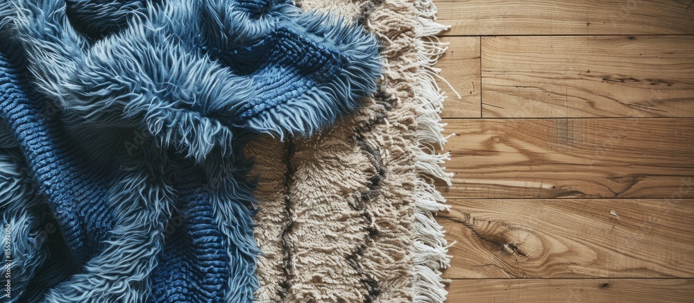 Poster overhead view of a fuzzy blue blanket above rug on wooden floor. copy space image. place for adding 