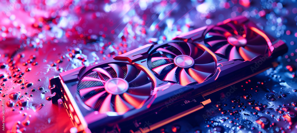 Fototapete close-up of a high-end graphics card with three fans, bathed in pink and blue light. water droplets 