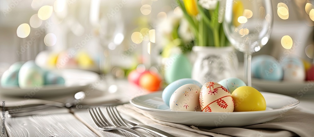 Poster easter still life. festive table place setting decoration with colored eggs. copy space image. place