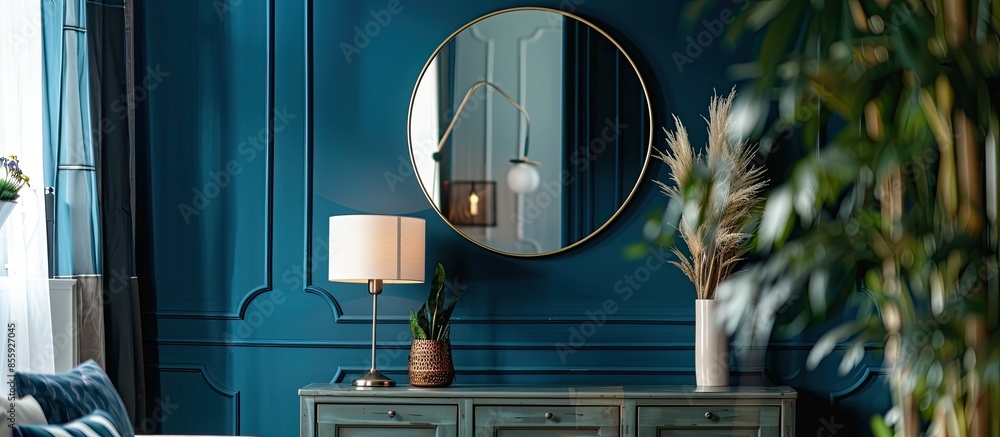 Sticker Interior of stylish room with mirror, lamp and chest of drawers. Copy space image. Place for adding text and design