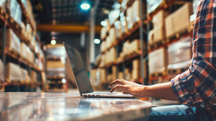 A warehouse worker sits at a table in a bustling warehouse, using a laptop to manage inventory or fulfill orders, surrounded by rows of stacked packages