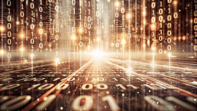 Abstract background with binary code and digital data flow.