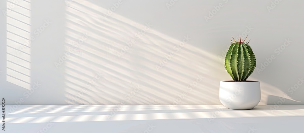 Poster cactus in a white pot placed beside the louver window. copy space image. place for adding text and d