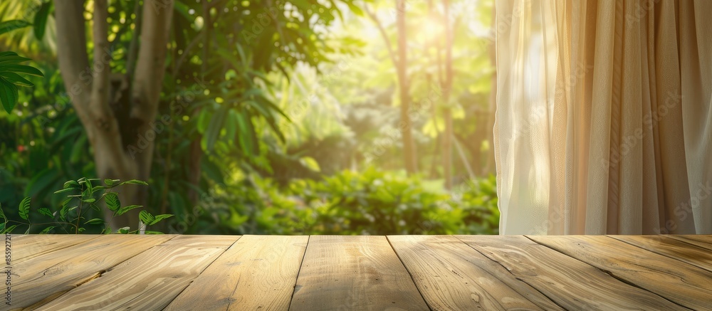 Poster empty of wood table top on blur of curtain with window view green from tree garden background.for mo