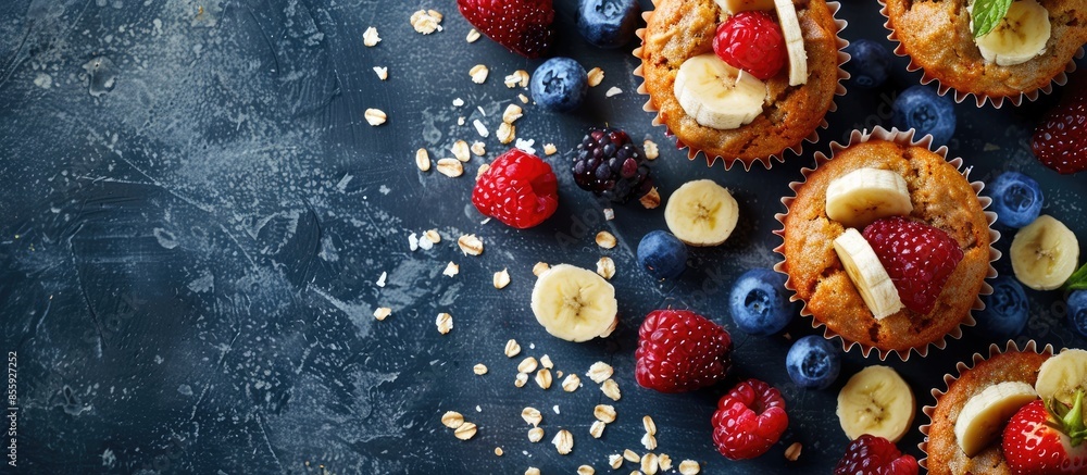 Poster vegan banana carrot muffins with oats and berries. copy space image. place for adding text or design