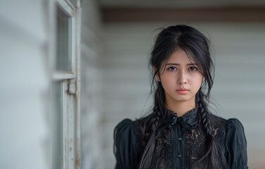 Fototapeta premium A young Asian girl with two pigtails in a black dress stands against the background of a wooden building.