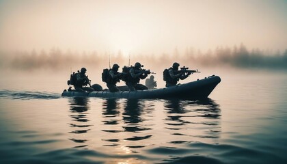 silhouette of underwater commando team advancing on boat in foggy sunrise.