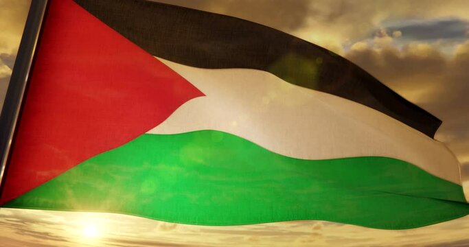3D Rendering - Flag of Palestine (State of) close up waving smoothly at sunset backlighted on yellow cloudy sky - 4K H264 Seamless loop