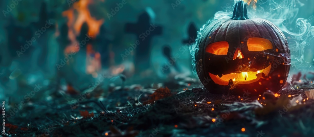 Aufkleber pumpkin burning in a graveyard with ghost nightmare. copy space image. place for adding text or desi